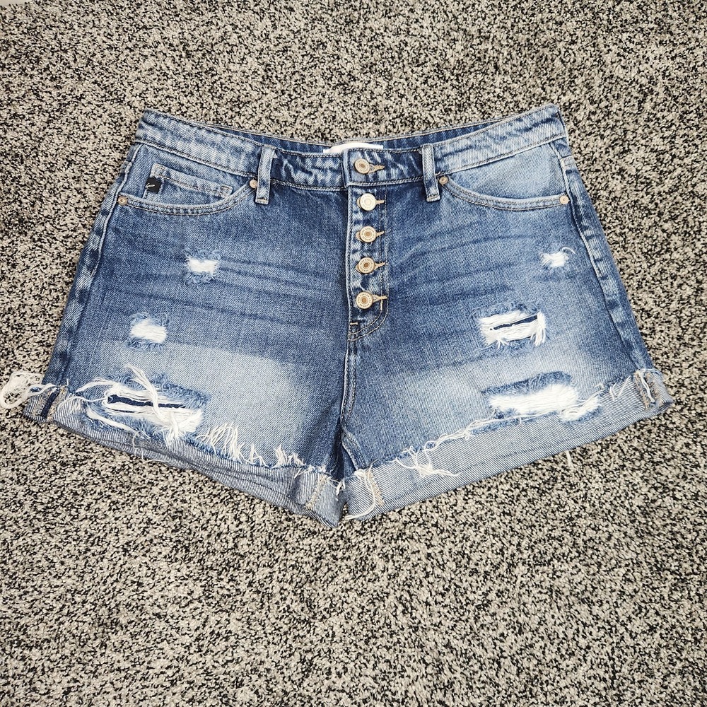 KanCan Hi Rise Button Fly Destressed Jean Shorts 100% Cotton Rolled Hem Sz 11/29